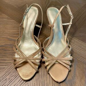 Aldo size 38/7.5 US fabric and leather gold heel sandals